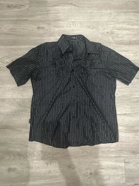 Black Pinstripe Short-Sleeve Button-Down Shirt